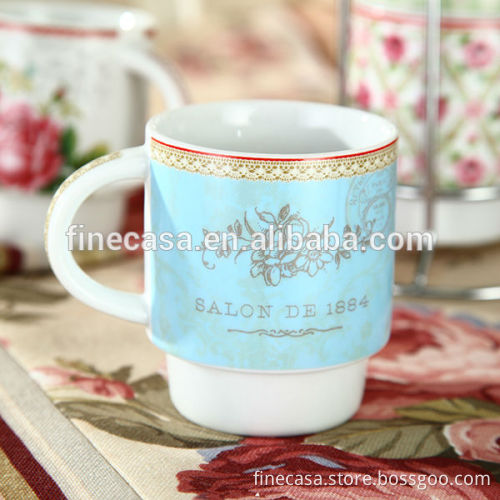 8OZ Elegant White Porcelain Stackable Coffee Mugs with Rack